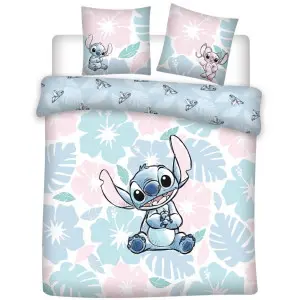 Parure de Lit Disney Double Polycoton Stitch Fleurie - Housse de Couette 240x220 cm 2 Taies d'Oreiller 65x65 cm